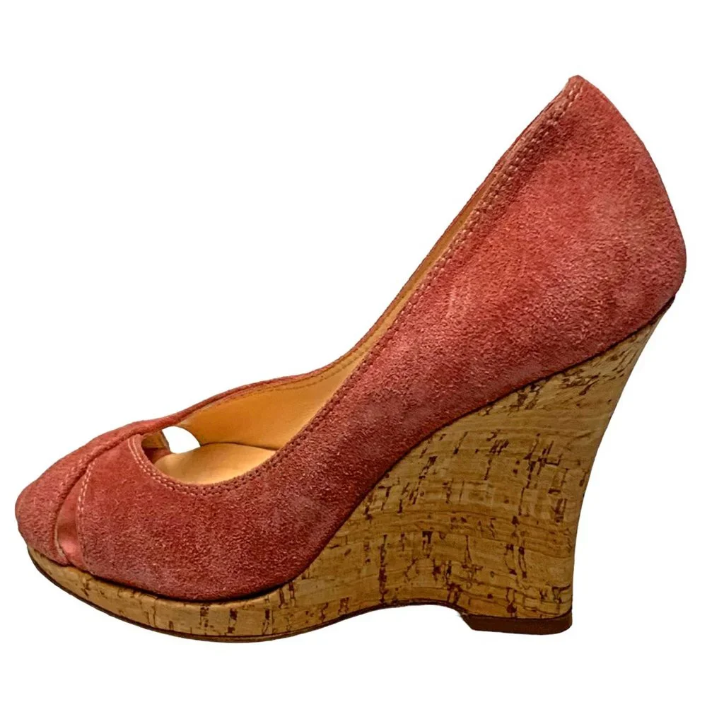Joan &‎ David Contessa Suede Peep Toe Platform Cork Wedges Made in Italy